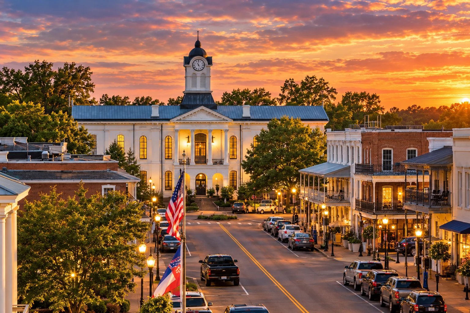 The Lafayette County Courthouse and downtown Oxford, Mississippi, in the warm light of sunset.
